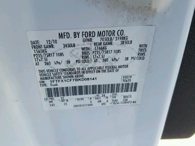 1FTFX1CF7BKD08141 - 2011 FORD F150 SUPER WHITE photo 10