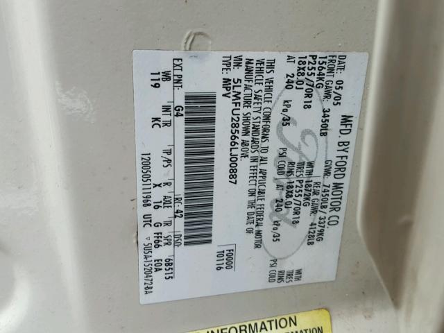 5LMFU28566LJ00887 - 2006 LINCOLN NAVIGATOR WHITE photo 10