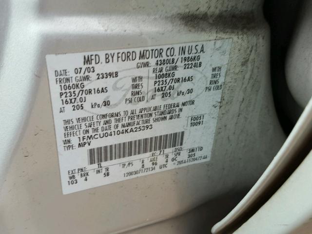 1FMCU04104KA25393 - 2004 FORD ESCAPE LIM SILVER photo 10