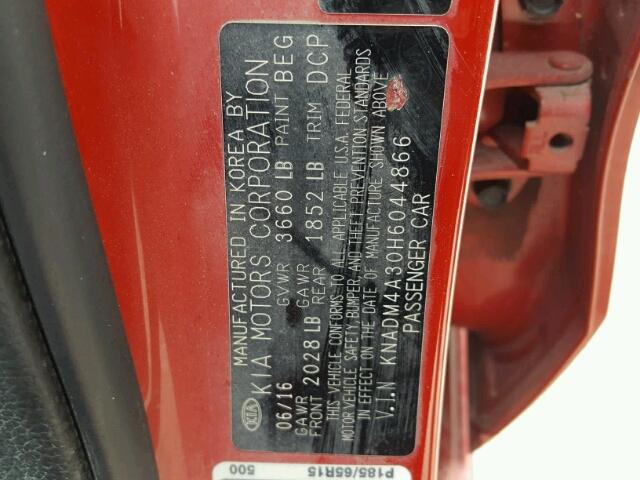 KNADM4A30H6044866 - 2017 KIA RIO LX Կարմիր լուսանկար 10