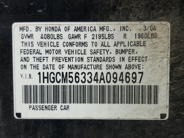 1HGCM56334A094697 - 2004 HONDA ACCORD LX BLACK photo 10