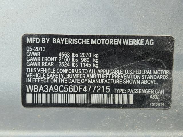 WBA3A9C56DF477215 - 2013 BMW 335 I SILVER photo 10