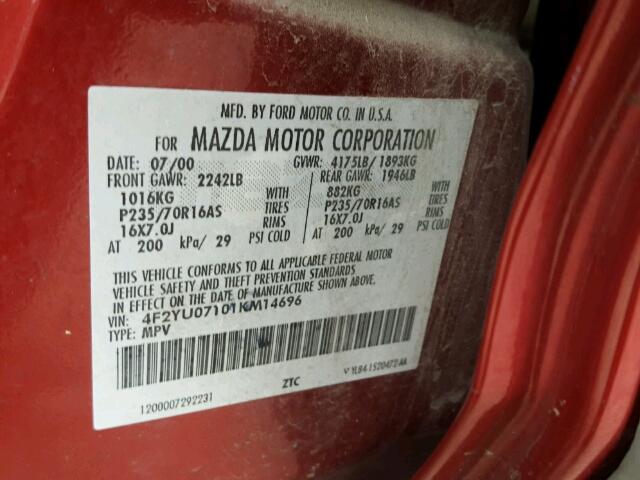 4F2YU07101KM14696 - 2001 MAZDA TRIBUTE DX 栗色 照片 10