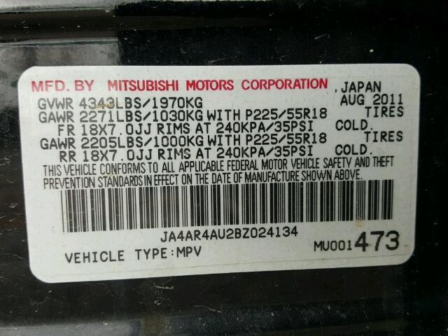 JA4AR4AU2BZ024134 - 2011 MITSUBISHI OUTLANDER BLACK photo 10