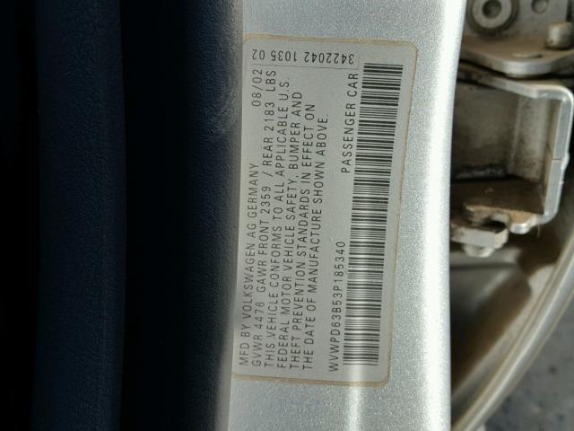 WVWPD63B53P185340 - 2003 VOLKSWAGEN PASSAT GLS SILVER photo 10