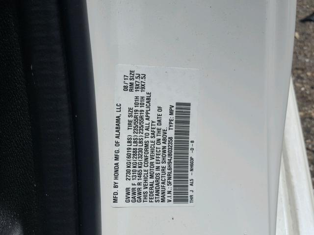 5FNRL6H94JB032358 - 2018 HONDA ODYSSEY EL WHITE photo 10