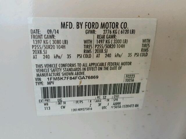 1FM5K7F84FGA76869 - 2015 FORD EXPLORER L WHITE photo 10