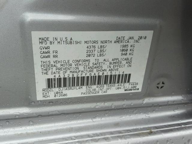 4A32B2FF6AE015114 - 2010 MITSUBISHI GALANT FE SILVER photo 10