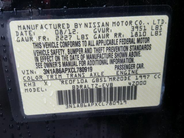 3N1AB6APXCL780919 - 2012 NISSAN SENTRA 2.0 BLACK photo 10