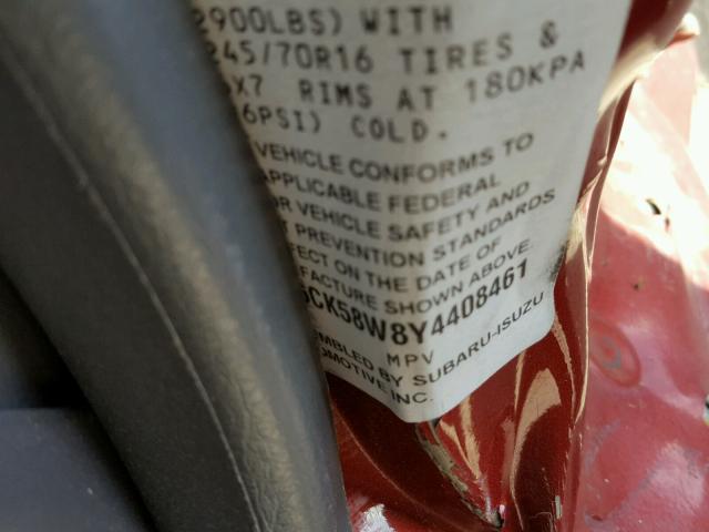 4S6CK58W8Y4408461 - 2000 HONDA PASSPORT E 红色 照片 10