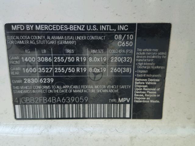 4JGBB2FB4BA639059 - 2011 MERCEDES-BENZ ML 350 BLU WHITE photo 10