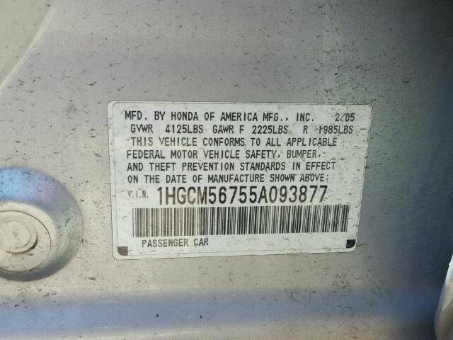 1HGCM56755A093877 - 2005 HONDA ACCORD EX SILVER photo 10