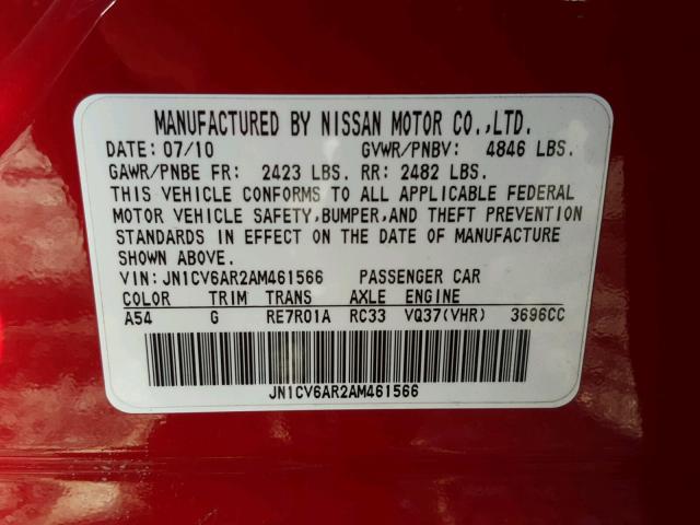 JN1CV6AR2AM461566 - 2010 INFINITI G37 RED photo 10