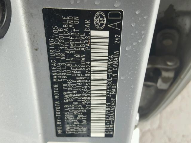 2T1BR32E35C487524 - 2005 TOYOTA COROLLA CE SILVER photo 10