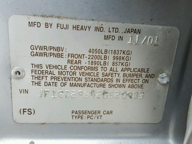 JF1GD29642G520983 - 2002 SUBARU IMPREZA WR SILVER photo 10