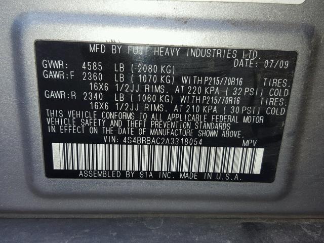 4S4BRBAC2A3318054 - 2010 SUBARU OUTBACK 2. SILVER photo 10