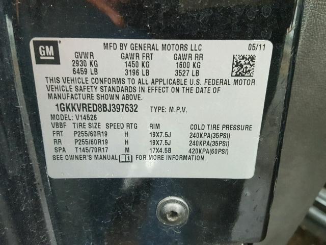 1GKKVRED8BJ397632 - 2011 GMC ACADIA SLT შავი ფოტო 10