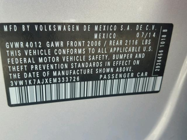 3VW1K7AJXEM333726 - 2014 VOLKSWAGEN JETTA BASE 银色 照片 10