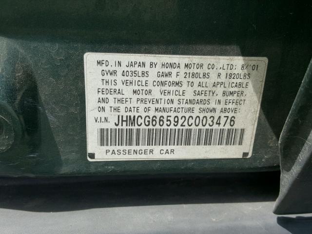 JHMCG66592C003476 - 2002 HONDA ACCORD LX GREEN photo 10