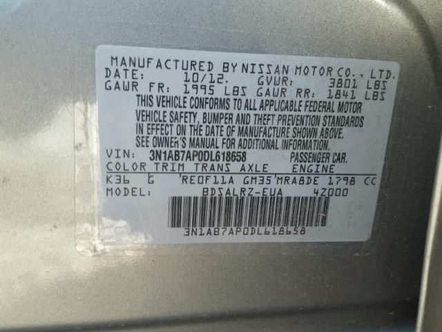 3N1AB7AP0DL618658 - 2013 NISSAN SENTRA S GRAY photo 10