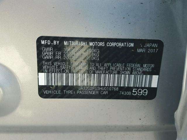 JA32U2FU3HU010768 - 2017 MITSUBISHI LANCER ES SILVER photo 10