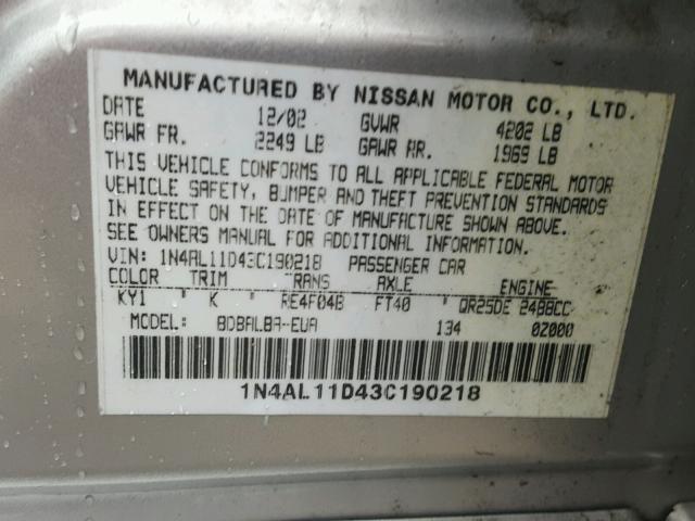 1N4AL11D43C190218 - 2003 NISSAN ALTIMA BAS SILVER photo 10