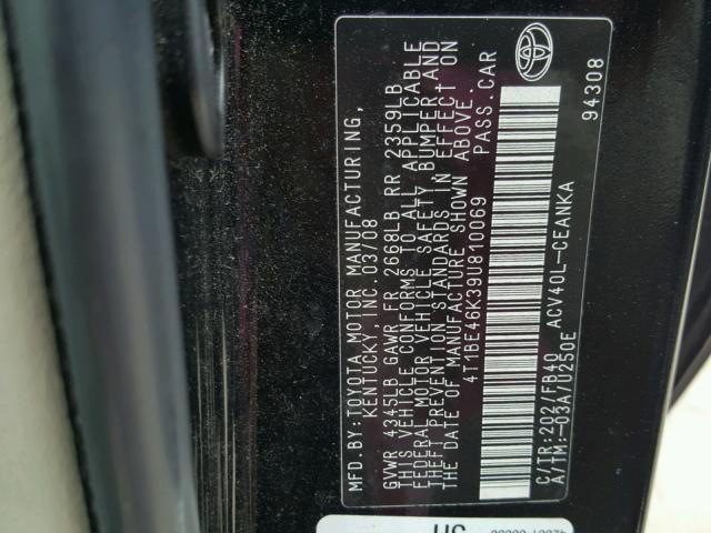 4T1BE46K39U810069 - 2009 TOYOTA CAMRY BASE BLACK photo 10