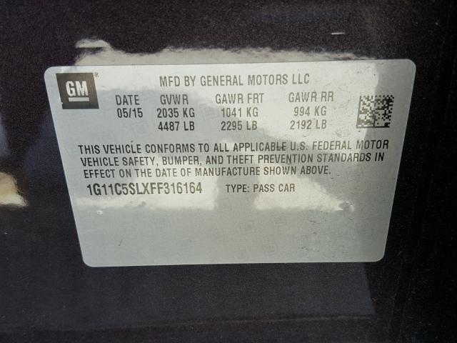 1G11C5SLXFF316164 - 2015 CHEVROLET MALIBU 1LT 紫色 照片 10