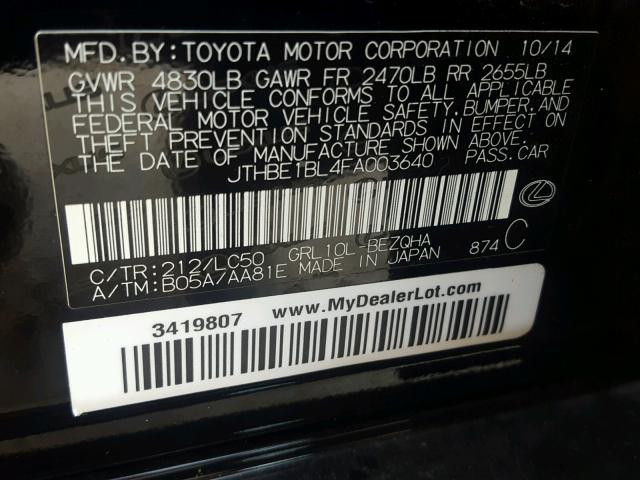 JTHBE1BL4FA003640 - 2015 LEXUS GS 350 BLACK photo 10