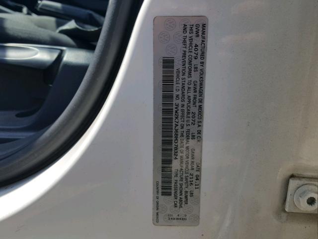 3VW2K7AJ6BM378324 - 2011 VOLKSWAGEN JETTA BASE 白色 照片 10