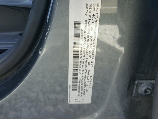 3VW2K7AJ3BM361111 - 2011 VOLKSWAGEN JETTA BASE 灰色 照片 10