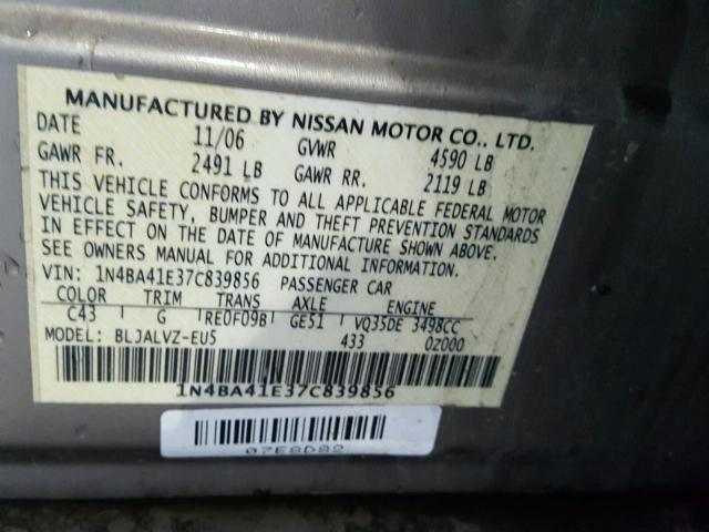 1N4BA41E37C839856 - 2007 NISSAN MAXIMA SE GRAY photo 10