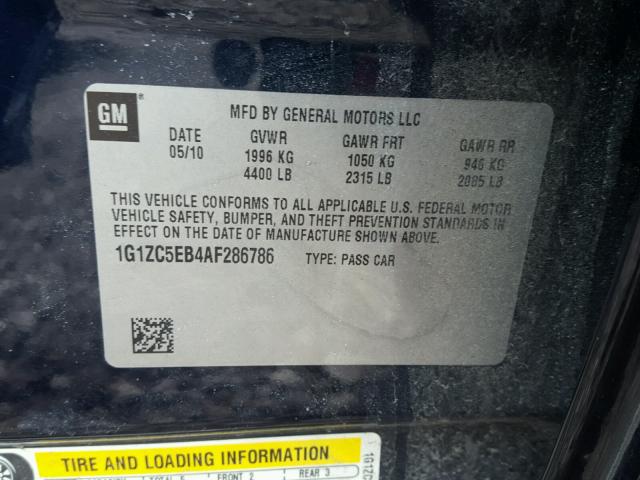 1G1ZC5EB4AF286786 - 2010 CHEVROLET MALIBU 1LT 蓝色 照片 10