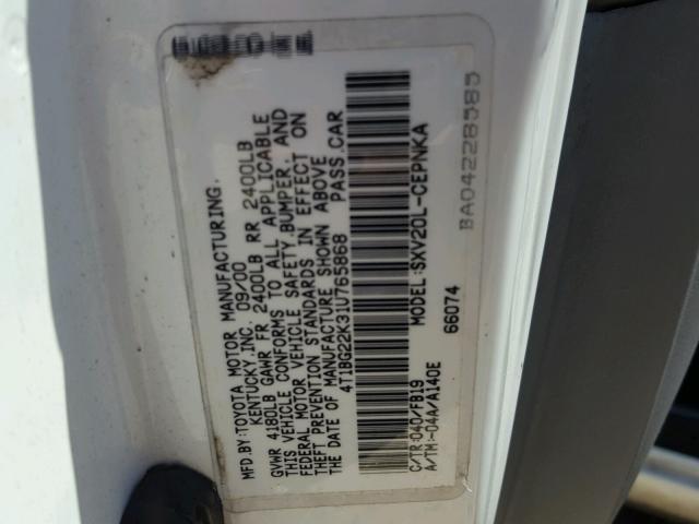 4T1BG22K31U765868 - 2001 TOYOTA CAMRY CE WHITE photo 10