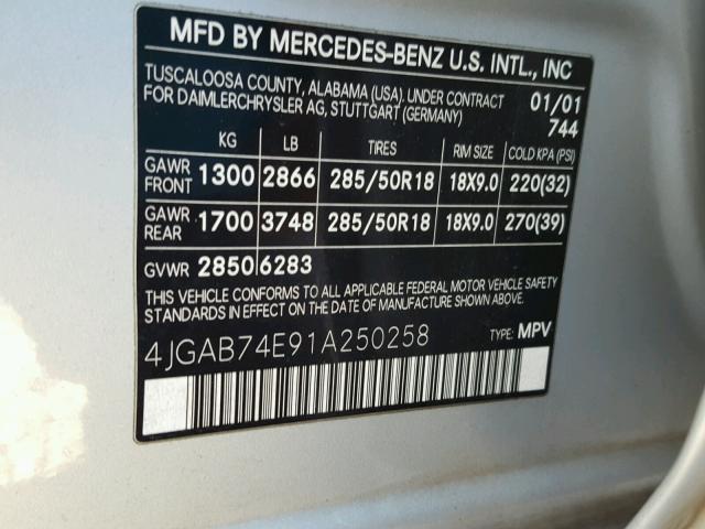 4JGAB74E91A250258 - 2001 MERCEDES-BENZ ML 55 SILVER photo 10