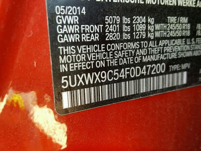 5UXWX9C54F0D47200 - 2015 BMW X3 XDRIVE2 RED photo 10