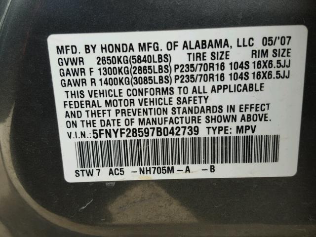 5FNYF28597B042739 - 2007 HONDA PILOT EXL GRAY photo 10