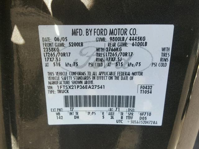 1FTSX21P36EA27541 - 2006 FORD F250 SUPER BLACK photo 10