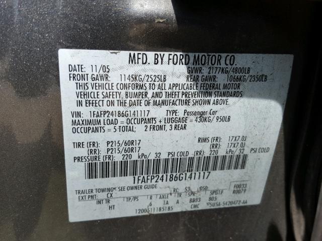 1FAFP24186G141117 - 2006 FORD FIVE HUNDR GRAY photo 10