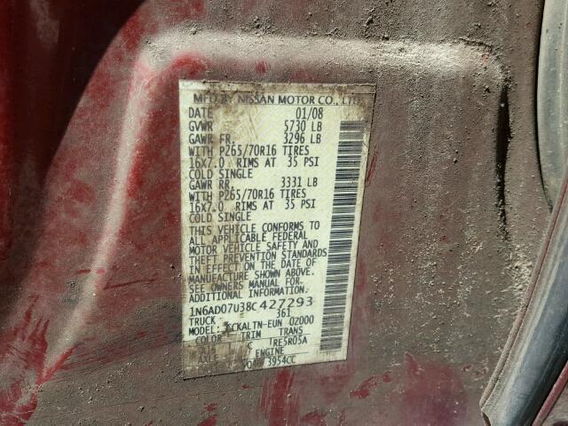 1N6AD07U38C427293 - 2008 NISSAN FRONTIER C RED photo 10