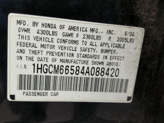 1HGCM66584A088420 - 2004 HONDA ACCORD EX BLACK photo 10