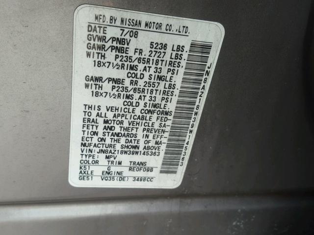 JN8AZ18W39W145363 - 2009 NISSAN MURANO S GRAY photo 10