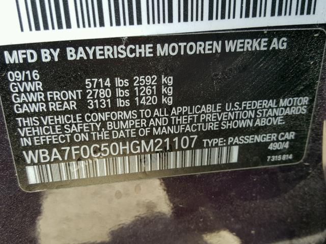 WBA7F0C50HGM21107 - 2017 BMW 750 I PURPLE photo 10