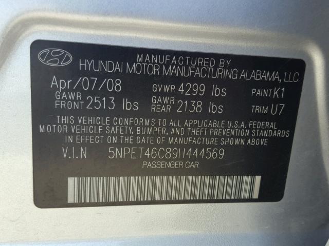 5NPET46C89H444569 - 2009 HYUNDAI SONATA GLS SILVER photo 10