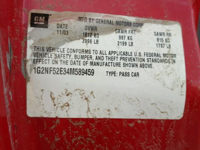 1G2NF52E34M589459 - 2004 PONTIAC GRAND AM S 红色 照片 10