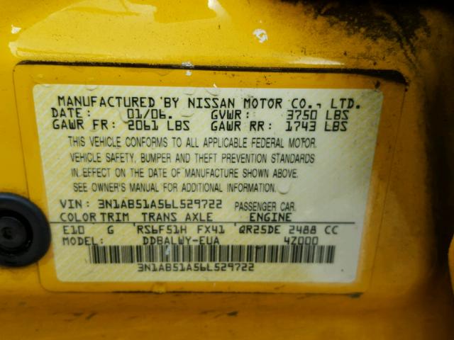 3N1AB51A56L529722 - 2006 NISSAN SENTRA SE- YELLOW photo 10