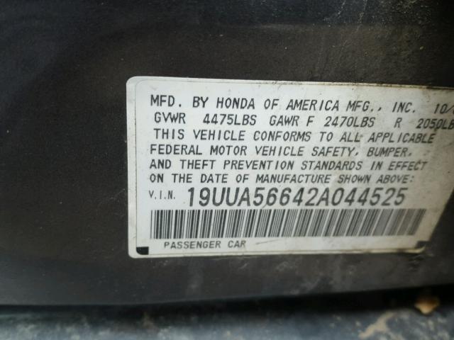 19UUA56642A044525 - 2002 ACURA 3.2TL GRAY photo 10