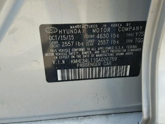 KMHE34L11GA026759 - 2016 HYUNDAI SONATA HYB SILVER photo 10