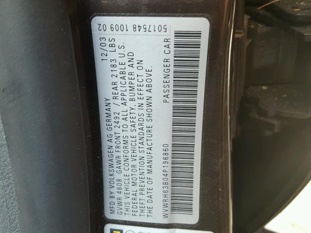 WVWRH63B04P196860 - 2004 VOLKSWAGEN PASSAT GLX 黑色 照片 10