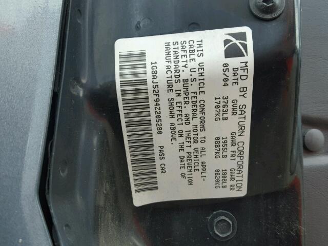 1G8AJ52F94Z205280 - 2004 SATURN ION LEVEL GRAY photo 10